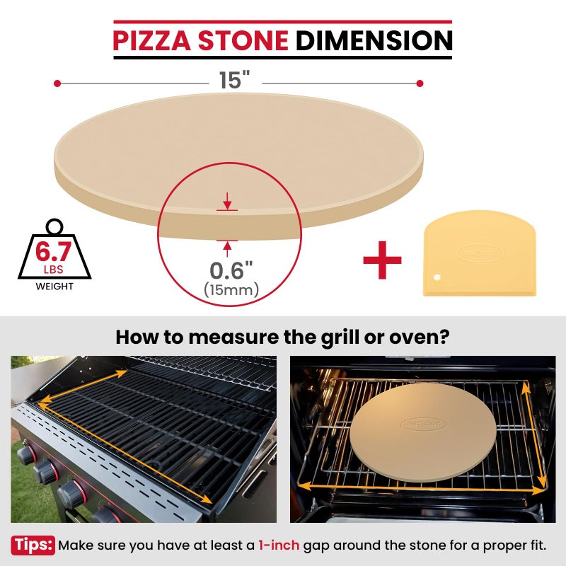 Unicook Pizza Stone for Grill Oven, 15 Inch Round Baking Stone, Heavy Duty Cordierite Bread Cooking Pan, Thermal Shock Resistant, Ideal for Making Crisp Crust Pizza, Bread and More, Includes Scraper - Image 2